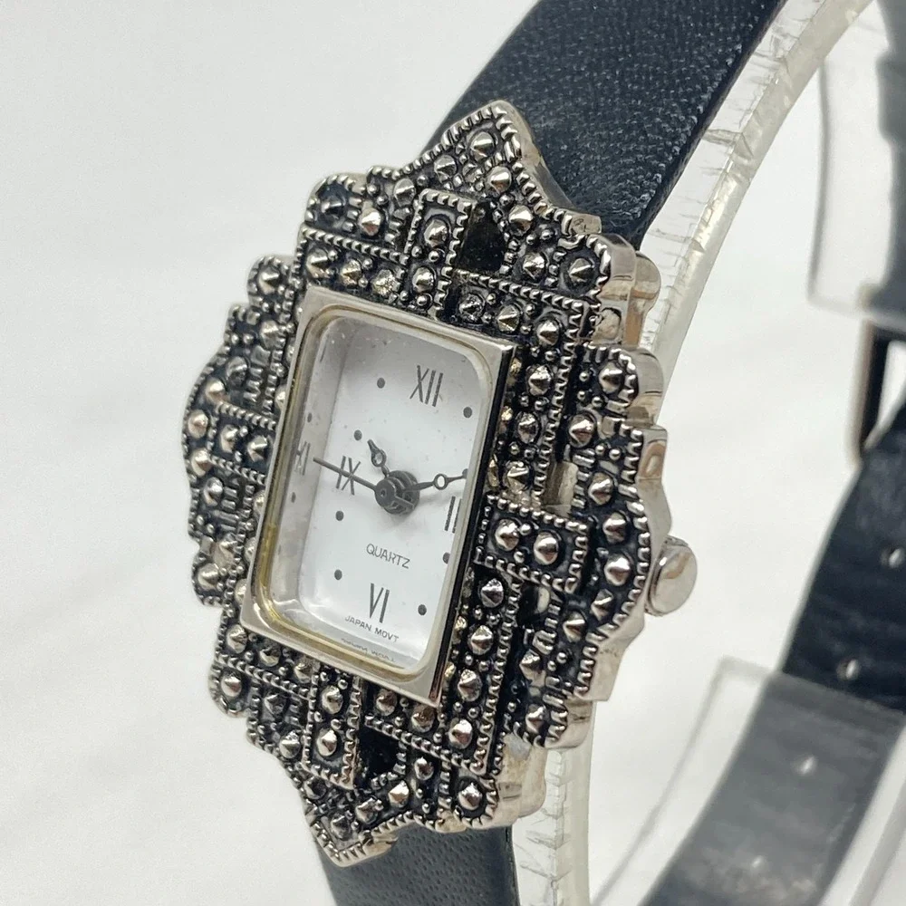 Vintage Avon Marcasite Tank Watch Women Silver Tone Black Leather New Battery 8